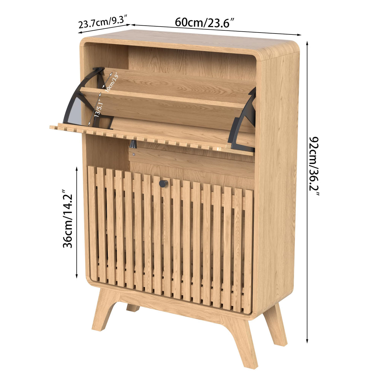 Jluomei Narrow Shoe Cabinet Storage for Entryway Slim, Wood Fluted Entry Way Shoe Organizer, Modern Rack Cabinet with 2 Flip Drawers, Wooden, Farmhouse, Small, Freestanding, Oak, Natural Jluomei