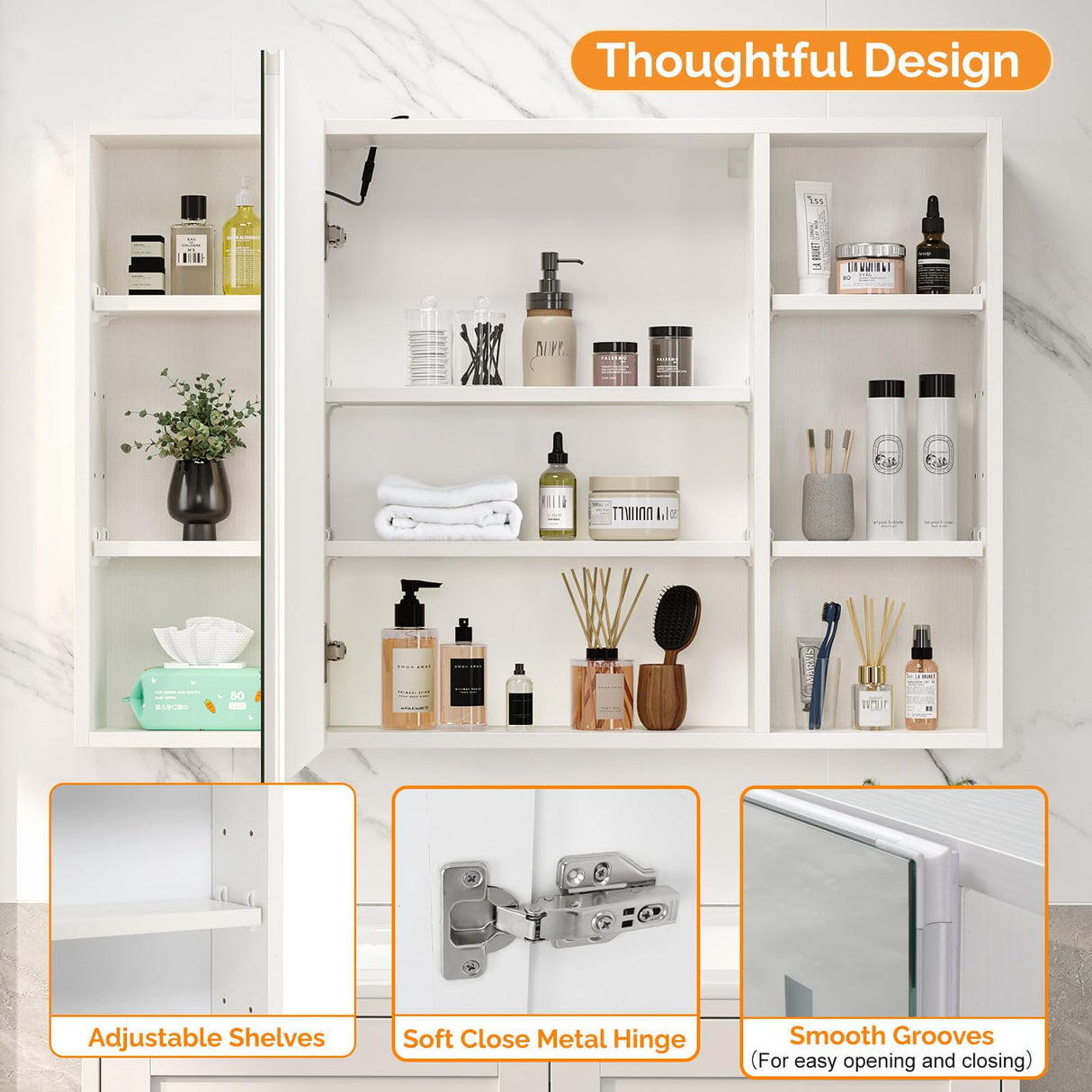 VINGLI 36Inch Medicine Cabinet with Lights, Lighted Medicine Cabinet with Mirror, Bathroom Vanity Mirror with Storage,Wall Mounted Anti-Fog Dimmable Light and Color Adjustment,5.9" D x 36" W x 24" H VINGLI
