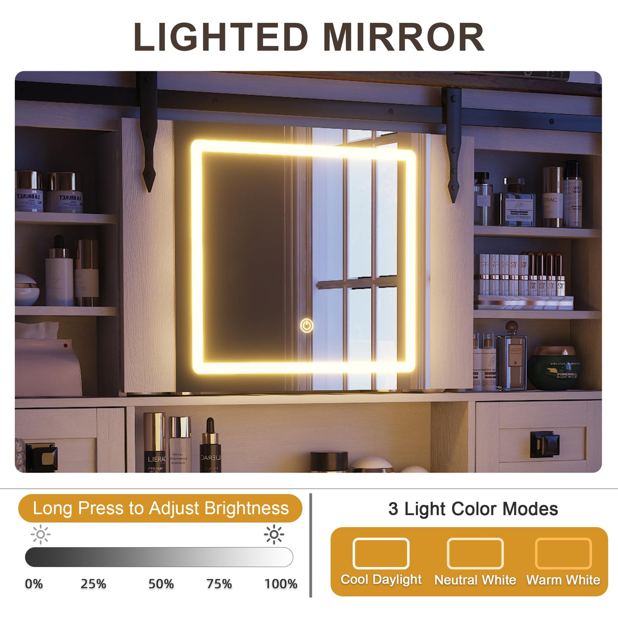 NEWBULAND Farmhouse Vanity with Mirror and Lights, 42" White Vanity Desk with 4 Drawers and Benches Makeup Table Set NEWBULAND