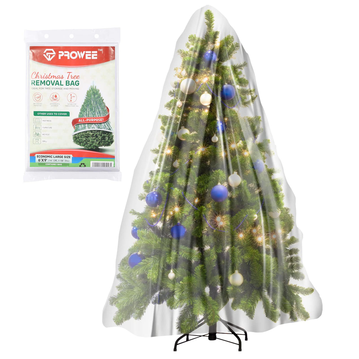 PROWEE All Purpose Use Jumbo Christmas Tree Removal Bag Extra Large 6ft width by 9 Feet Tall Christmas Tree Storage Bag Clear Waterproof Christmas Tree Bag for Upright Storage PROWEE