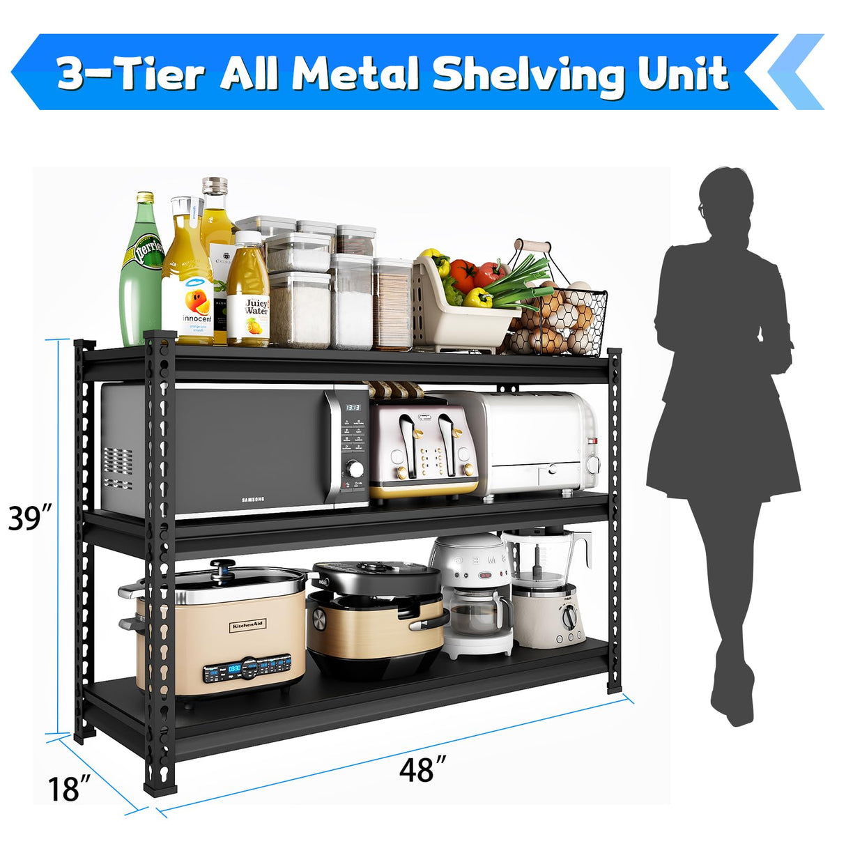 SDXYSTCE 48" W Garage Shelving Heavy Duty, 1500LBS Loads Adjustable Garage Storage Shelves, 3-Tier Metal Shelving Units and Storage Racks, Industrial Utility Shelf,48" Wx18 Dx39 H, Black SDXYSTCE