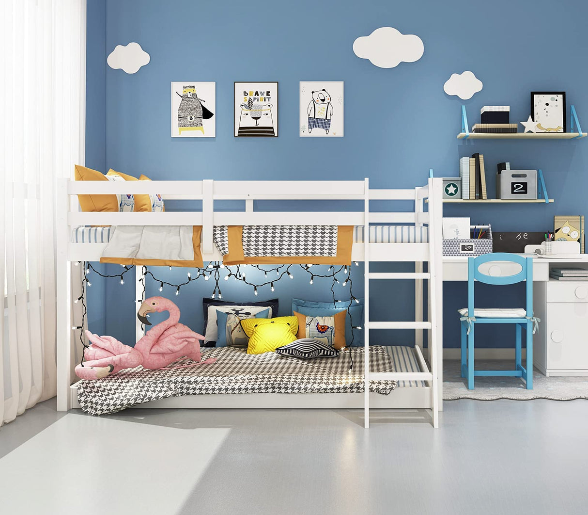 Bonnlo Low Loft Bed Full Size with Inclined Stairs, Junior Loft Bed with High Guard Rail for Kids/Young Teens/Adults, Solid Wood Low Bunk Bed Full Size White, 2 Center Beams, No Box Spring Required Bonnlo