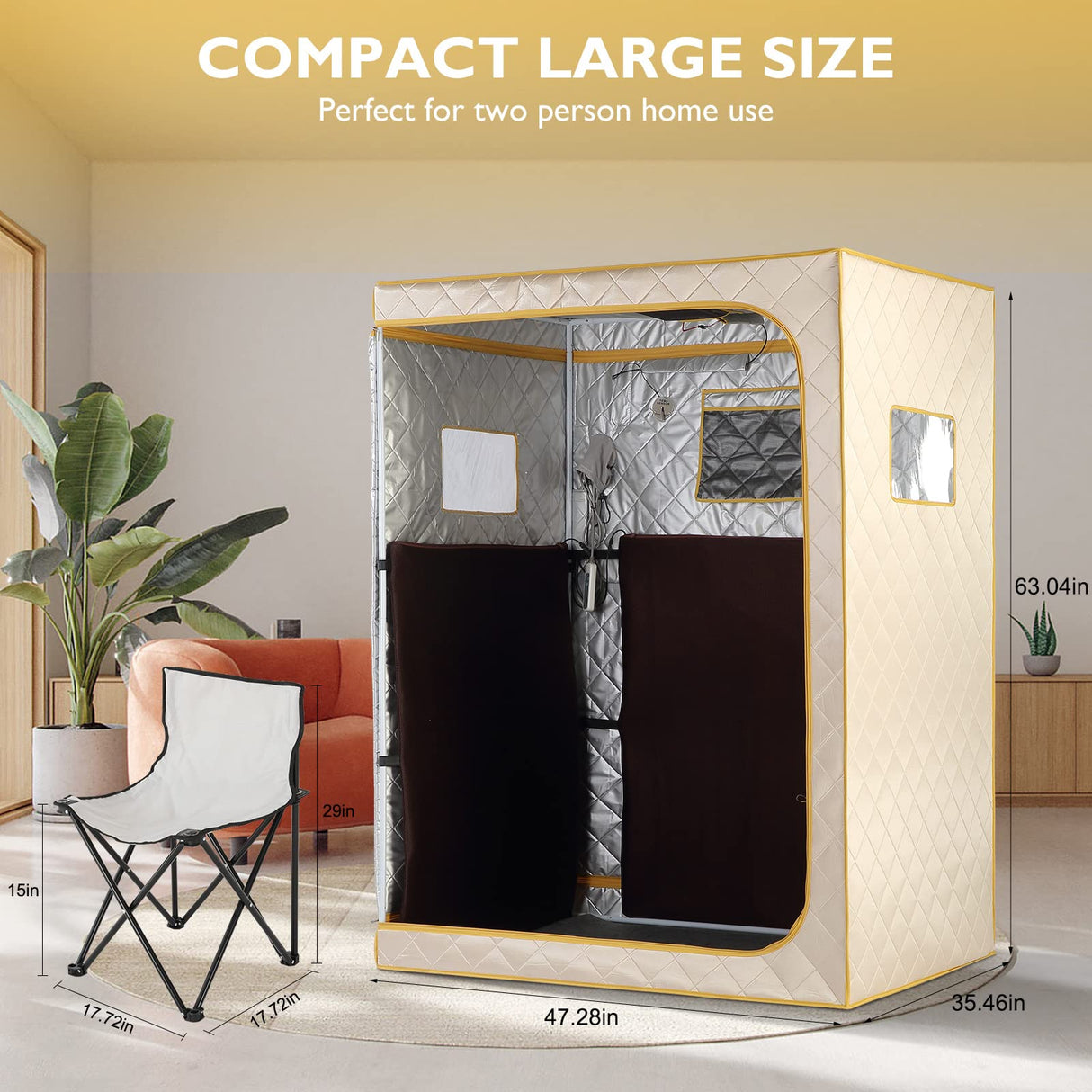 Smartmak Full Size Far Infrared Sauna, Two Person Home SPA with Time & Temperature Remote, Chairs, Light, Oversized 1 or 2 Person Privacy Indoor Saunas for Relaxation, BeigeGold Smartmak