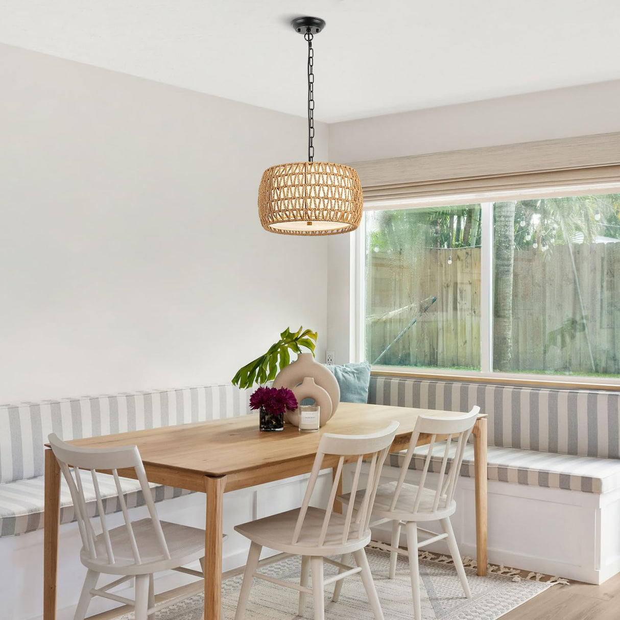 WILON 12.4'' 3-Light Rattan Chandelier with Fabric Shade, Dining Room Light Fixtures Over Table, Modern Boho Pendant Lights Kitchen Island Lighting, Farmhouse Rustic Drum Hanging Lamp with E26 Base WILON