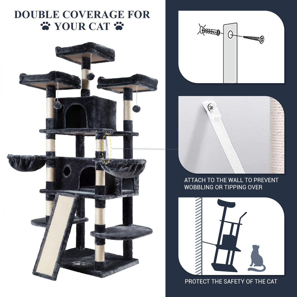 Allewie 68 Inches Cat Tree House with Condo, Scratching Post, and Multi-Level Towers for Cats - Smokey Grey Allewie