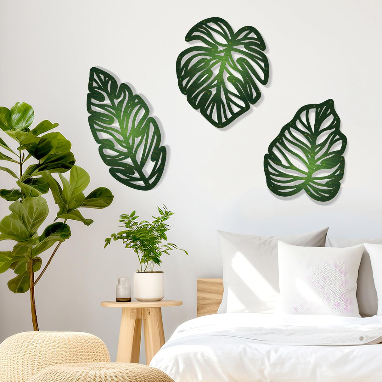 Zzbakress 3 Pcs Wooden Palm Leaves Wall Art Tropical Leaf Wall Art Natural Plant Wall Decor Tropical Plant Wall Sculptures for Living Room Kitchen Bedroom Garden (Farmhouse, Leaves-A) Zzbakress