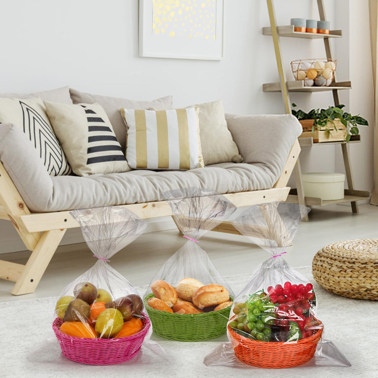 AVLA 4 Pack Woven Breads Baskets, Imitation Rattan Fruit Storage Bowls, Stackable Handwoven Serving Basket, Poly-Wicker Round Basket Set for Organizing, Decorative Gift Basket for Countertop, Pantry AVLA