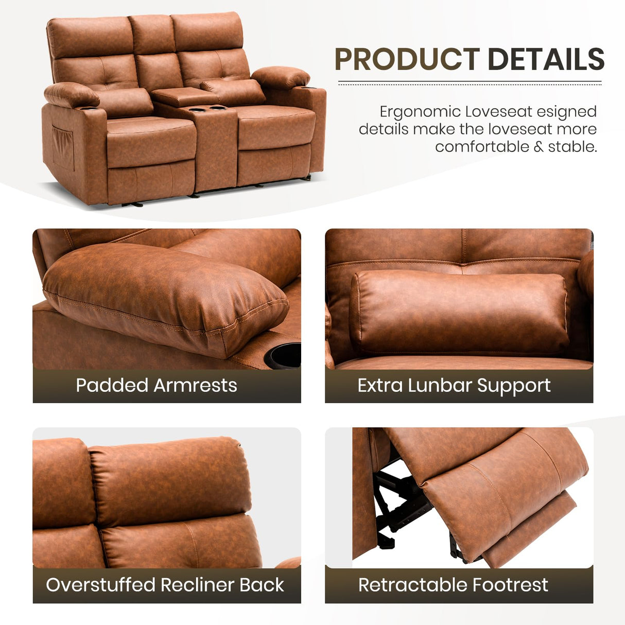 Consofa 68'' Power Reclining Loveseat with Massage and Heat | Double Recliner RV Sofa with Console | Wall Hugger Recliner Sofa | Rv Theater Seating | RV Furniture (PU Leather, Brown) Consofa