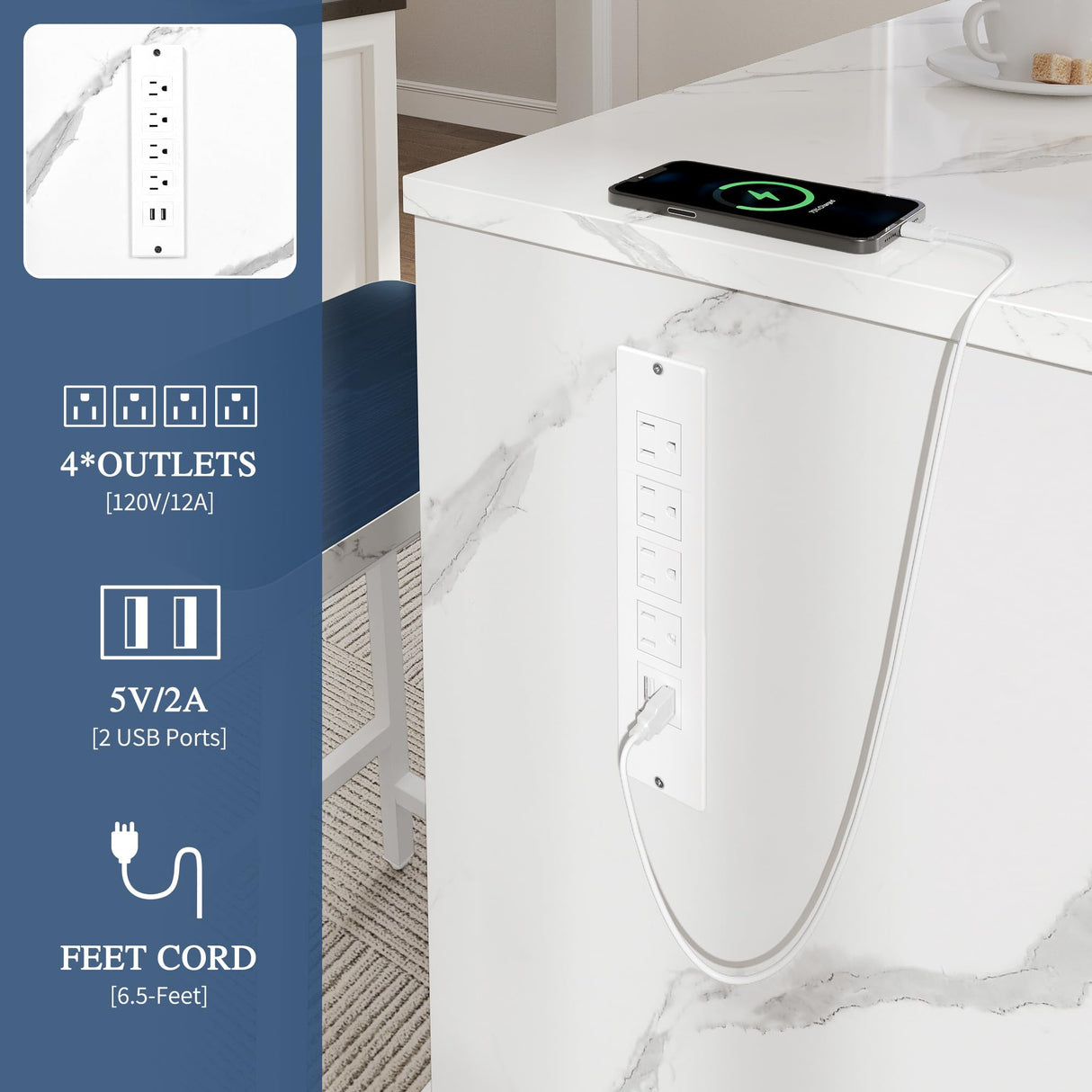 YITAHOME 3 Piece Kitchen Island Set with 2 Chairs, Large Kitchen Island with Seating and Storage, Dining Counter Table with Power Outlet, Drawers, Spice/Towel Rack, White Marble Finish, Navy Blue YITAHOME