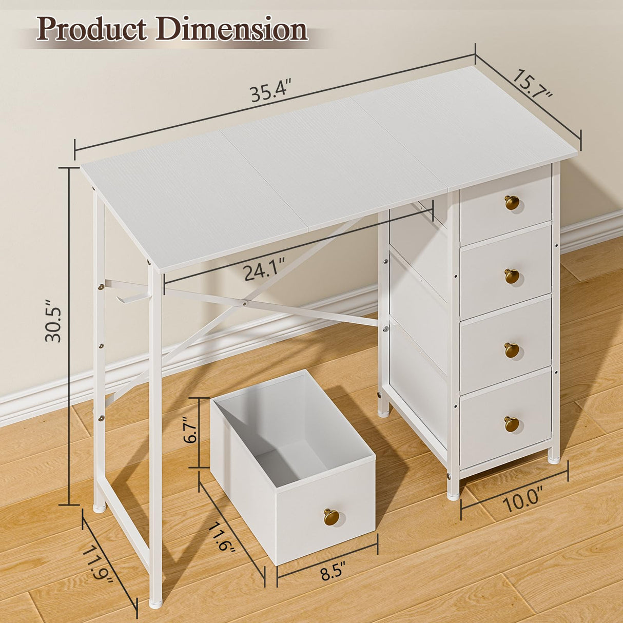 DAOUTIME Small Writing Desk with 4 Fabric Drawers, 35.4 Inch Computer Desk for Home Office, Simple PC Desk for Small Places, Kids Girls Teen Study Table for Bedroom Dorm, White DAOUTIME