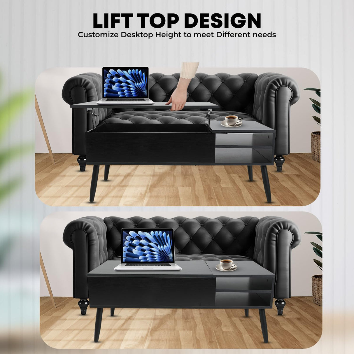 MGHH Wood Lift Top Coffee Table with Hidden Compartment & Adjustable Storage Shelf, Side Tables Lift Tabletop Dining Table for Home Living Room, Office, Reception Room, Black MGHH