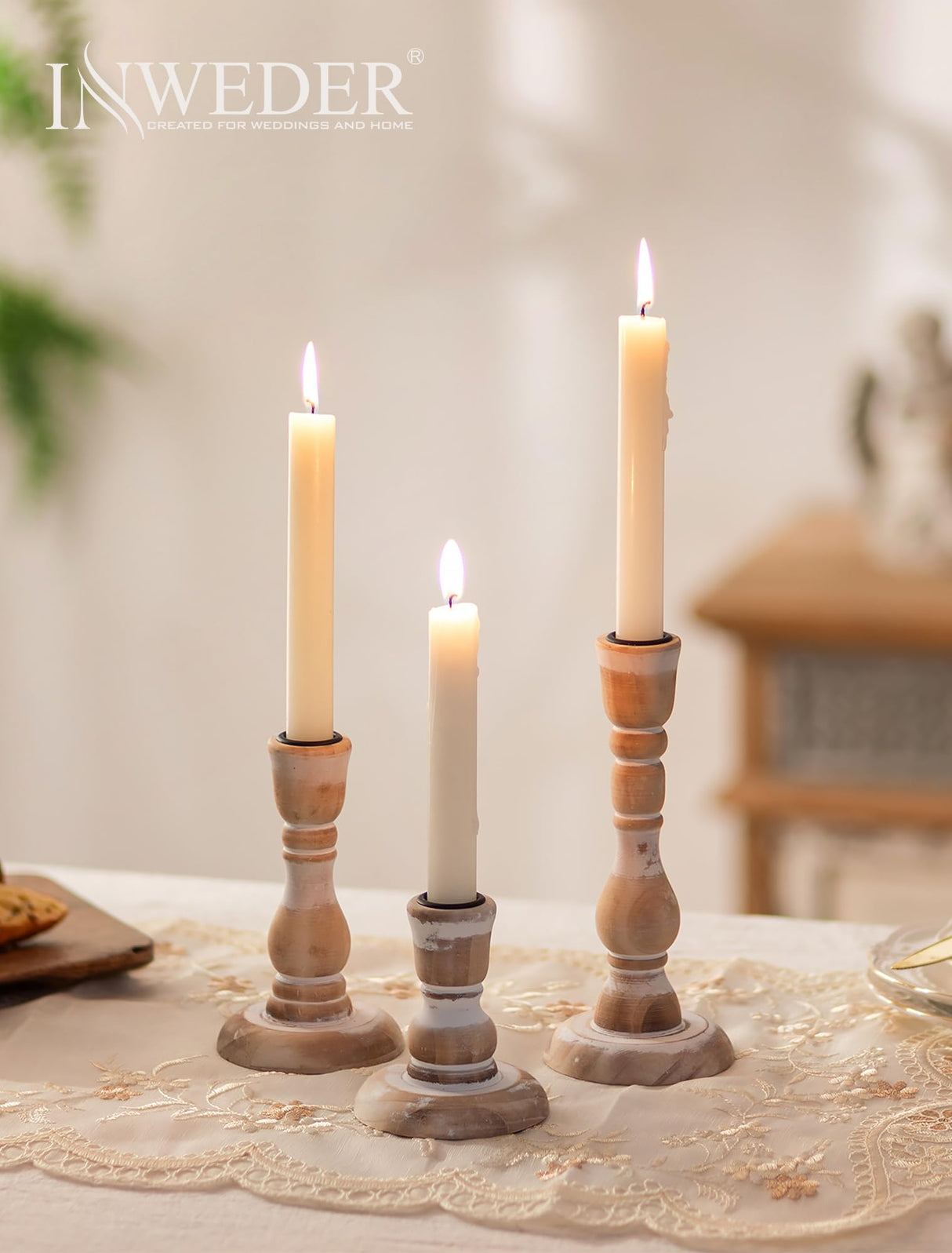 Inweder Wooden Candlestick Holders Rustic: Farmhouse Wood Taper Candle Holders Boho Candle Sticks Holder Decor for Home Dinning Table Mantle Party Holiday Christmas Wedding Set of 3 Inweder