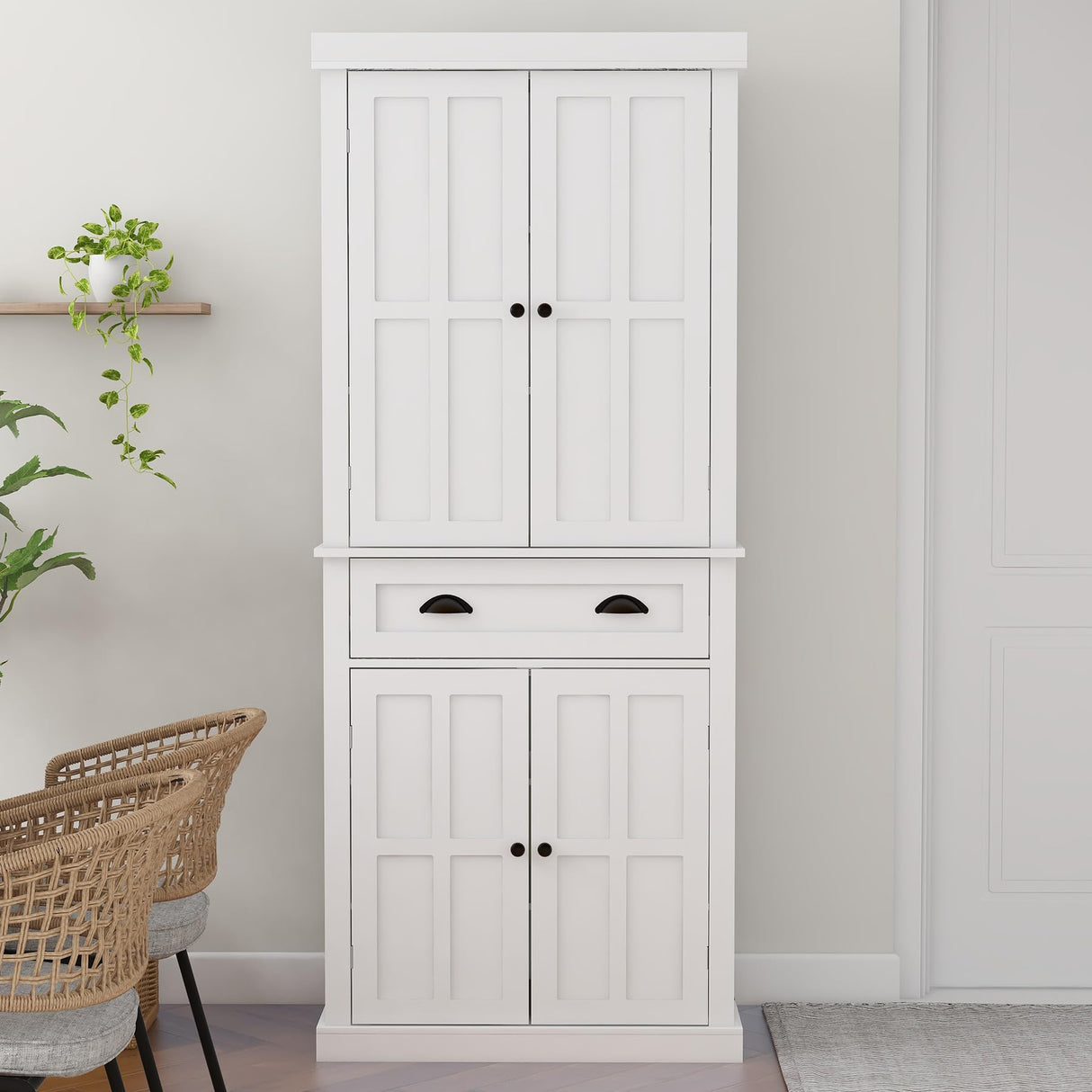 RASOO Kitchen Pantry Cabinet 72" Freestanding Pantry Storage Cabinet with Drawer and Adjustable Shelves Cupboard Buffet Cabinet,Bathroom or Hallway, White (Grid) RASOO