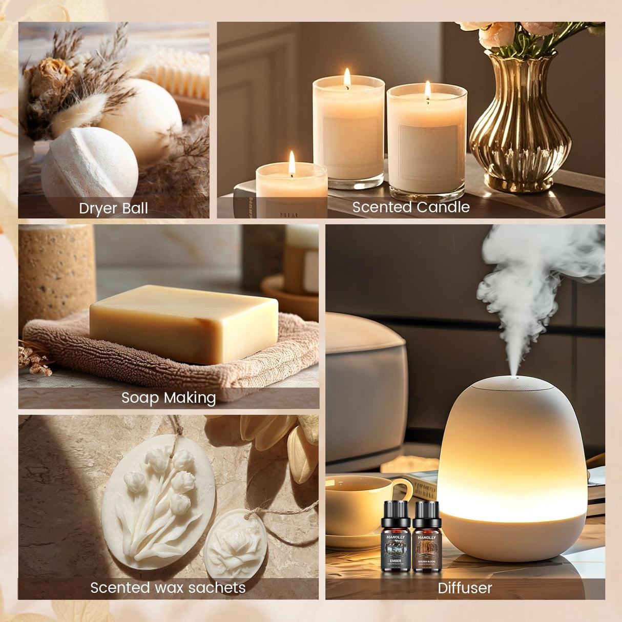 Hotel Diffuser Oils Gift Set - 6x10ML Luxury Hotel Scent Essential Oils Set for Diffuser, Candle Making - Premium Fragrance Oil, My Way, Ember, Dream On, Serene Coast, Midnight Velvet, Golden Bloom Hanolly