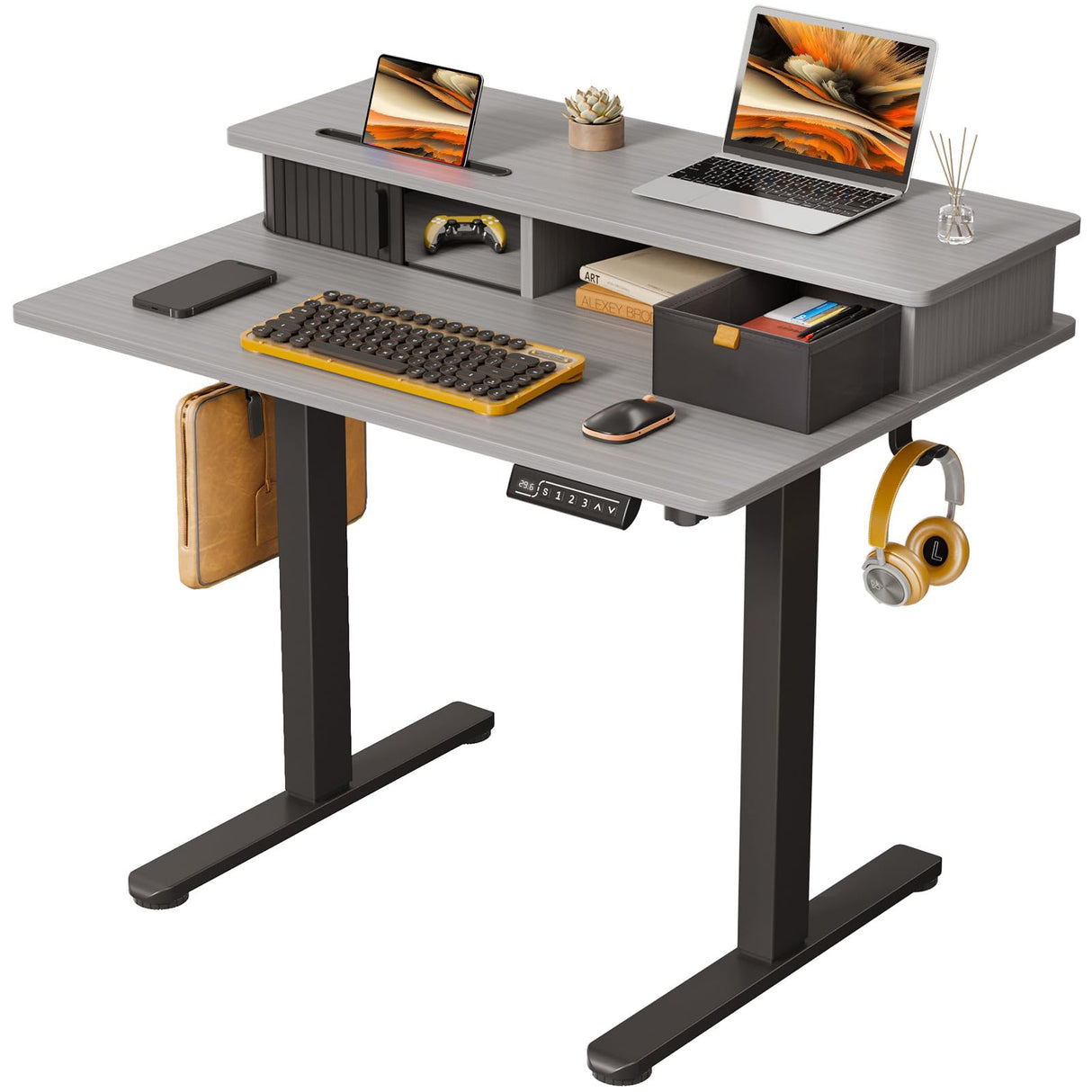 JOY worker Small Electric Standing Desk, 35" x 25" Height Adjustable Table with Built-in Monitor Stand & Storage Drawer, Grey Sit Stand Desk with 2 Hooks for Home Office JOY worker