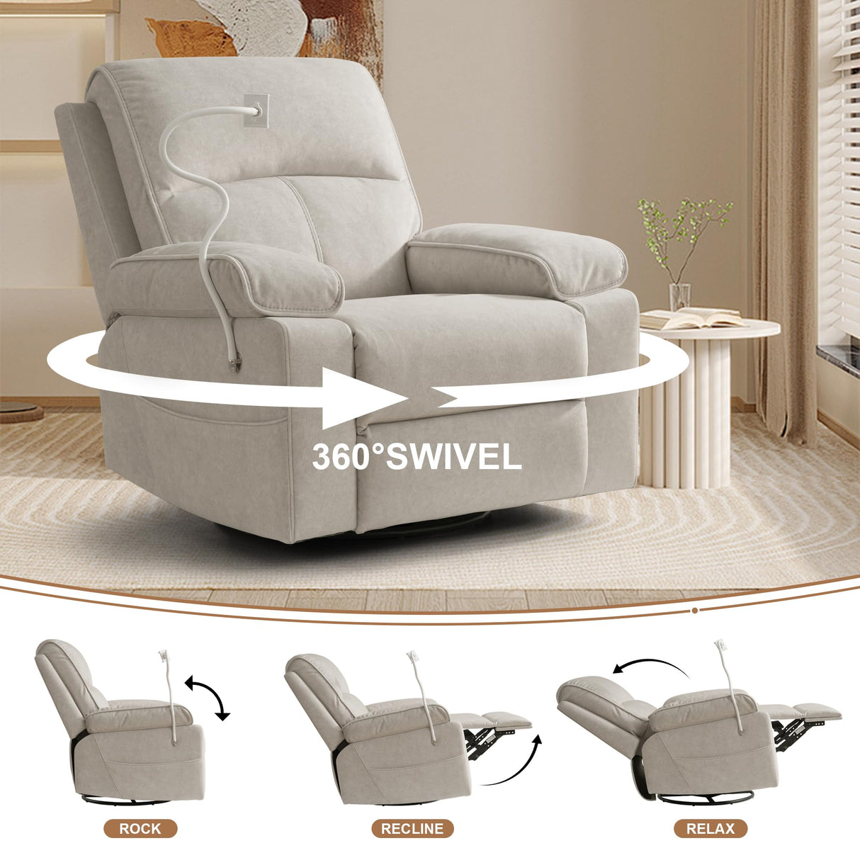 YuuYee Nursing Rocking Chair for Breastfeeding, Glider Nursery 360°Swivel Rocker Recliner Chair with Adjustable and Removable Phone Holder,Wide Seat, Beige YuuYee