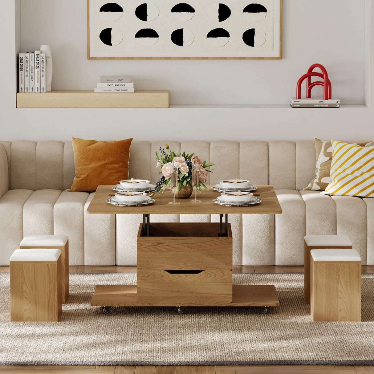 homary Natural Lift Top Coffee Table with Hidden Storage, 3 in 1 Multi-Function Modern Folding Center Table with 4 Stools and Casters homary