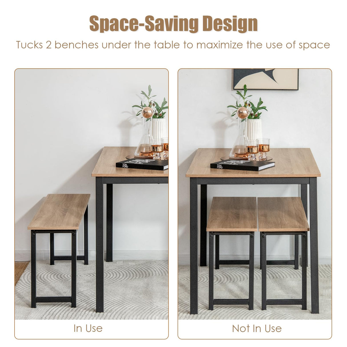 NAFORT 3-Piece Dining Table Set for 4, 43.5" Modern Kitchen Table Set w/2 Benches & Metal Frame, Space Saving Dining Room Table Set with MDF Wood Board, Ideal for Home, Restaurant, etc. NAFORT