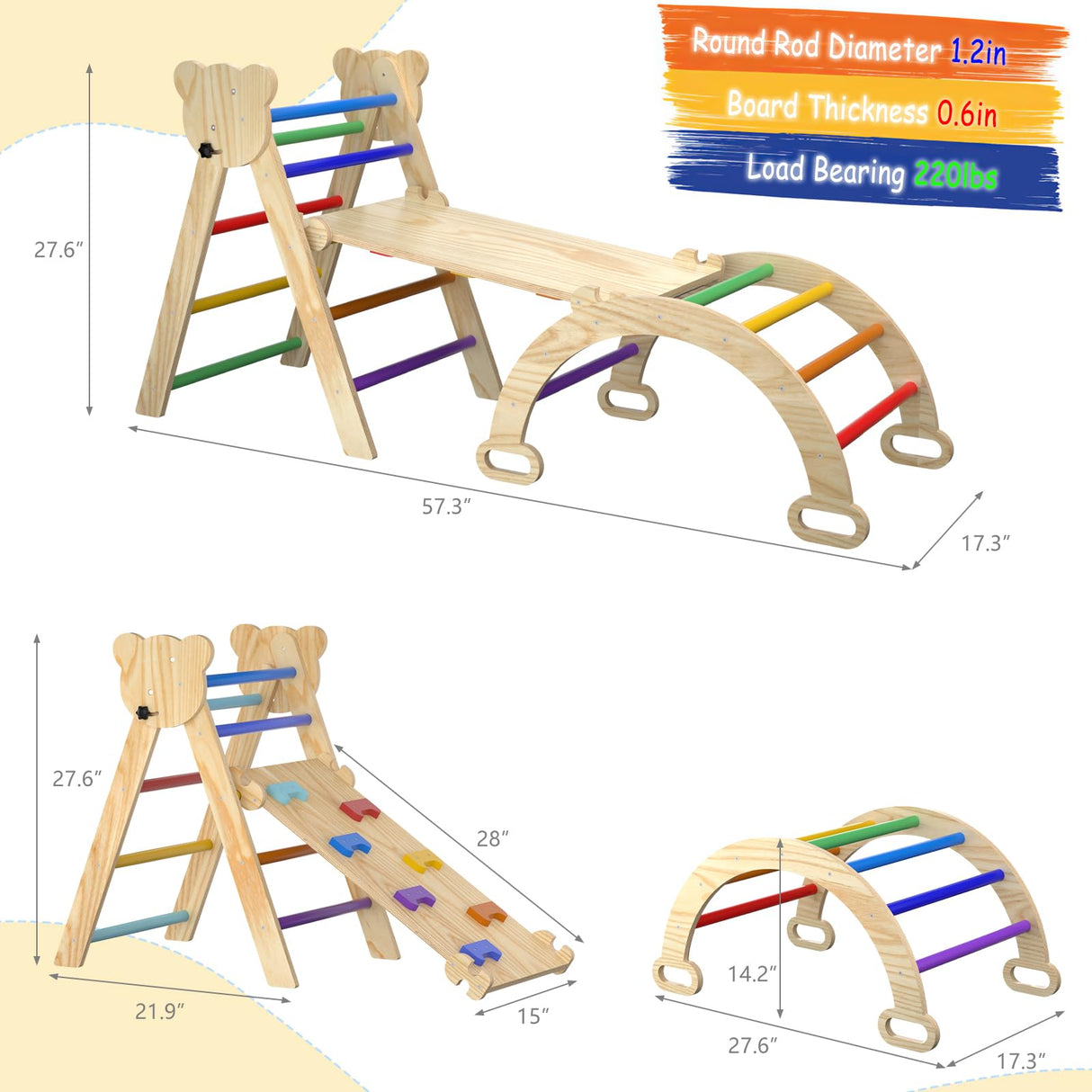 CMFYDAILY 5 in 1 Pikler Triangle Set, Foldable Baby Climbing Gym Indoor Montessori Climbing Set Wooden Toddler Climbing Toys with Arch, Ramp, Ladder CMFYDAILY