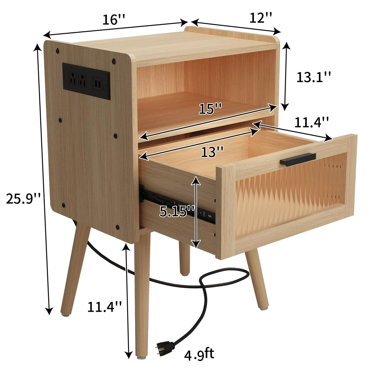 Mid Century Modern Nightstand with Charging Station, Bedside Tables with Glass Drawer, End Table Side Table with 2 Tiers Storage Space, for Bedroom, Living Room, Natural SOOWERY