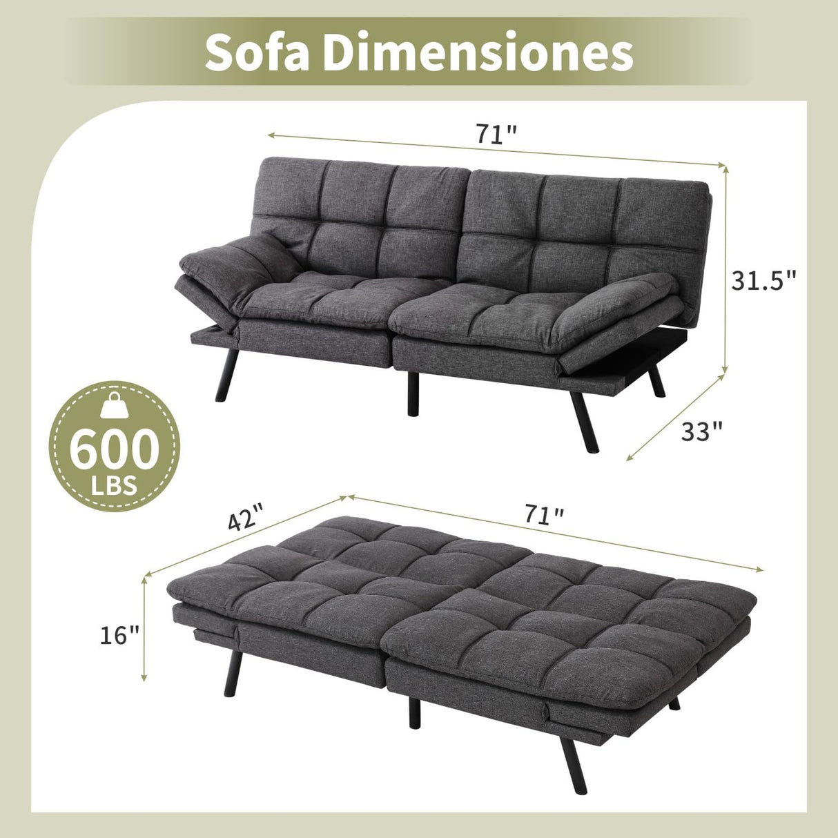 Vipbear 71" Futon Sofa Bed - Convertible Sofa Beds/Adjustable Backrest & Armrest,Detachable Cushion, Loveseat Sleeper for Small Spaces, Apartments & Offices, Grey Futons Vipbear