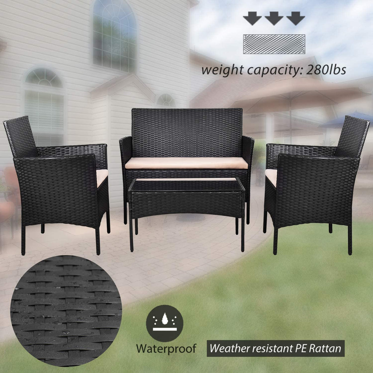 Homall 4 Pieces Patio Rattan Chair Wicker Set,Outdoor Indoor Use Backyard Porch Garden Poolside Balcony Furniture (Black and Beige) Homall