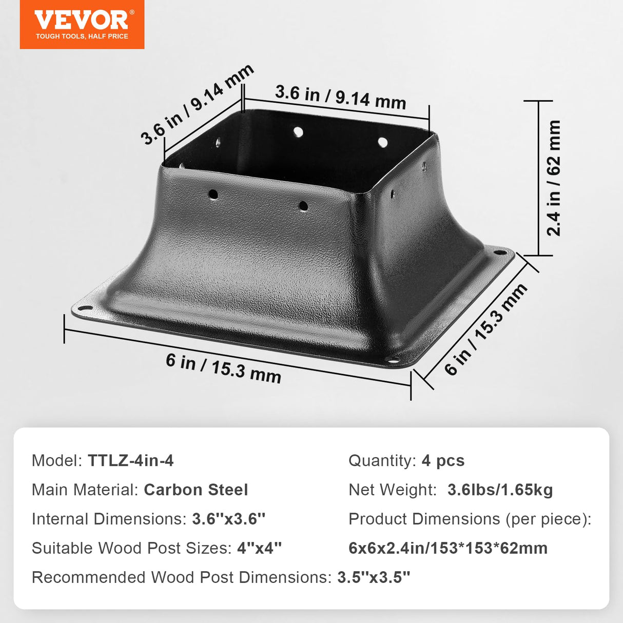 VEVOR 4x4 Post Base 4Pcs, Internal 3.6"x3.6" Heavy Duty Powder-Coated Steel Post Bracket Fit for Standard Wood Post Anchor, Decking Post Base for Deck Porch Handrail Railing Support VEVOR