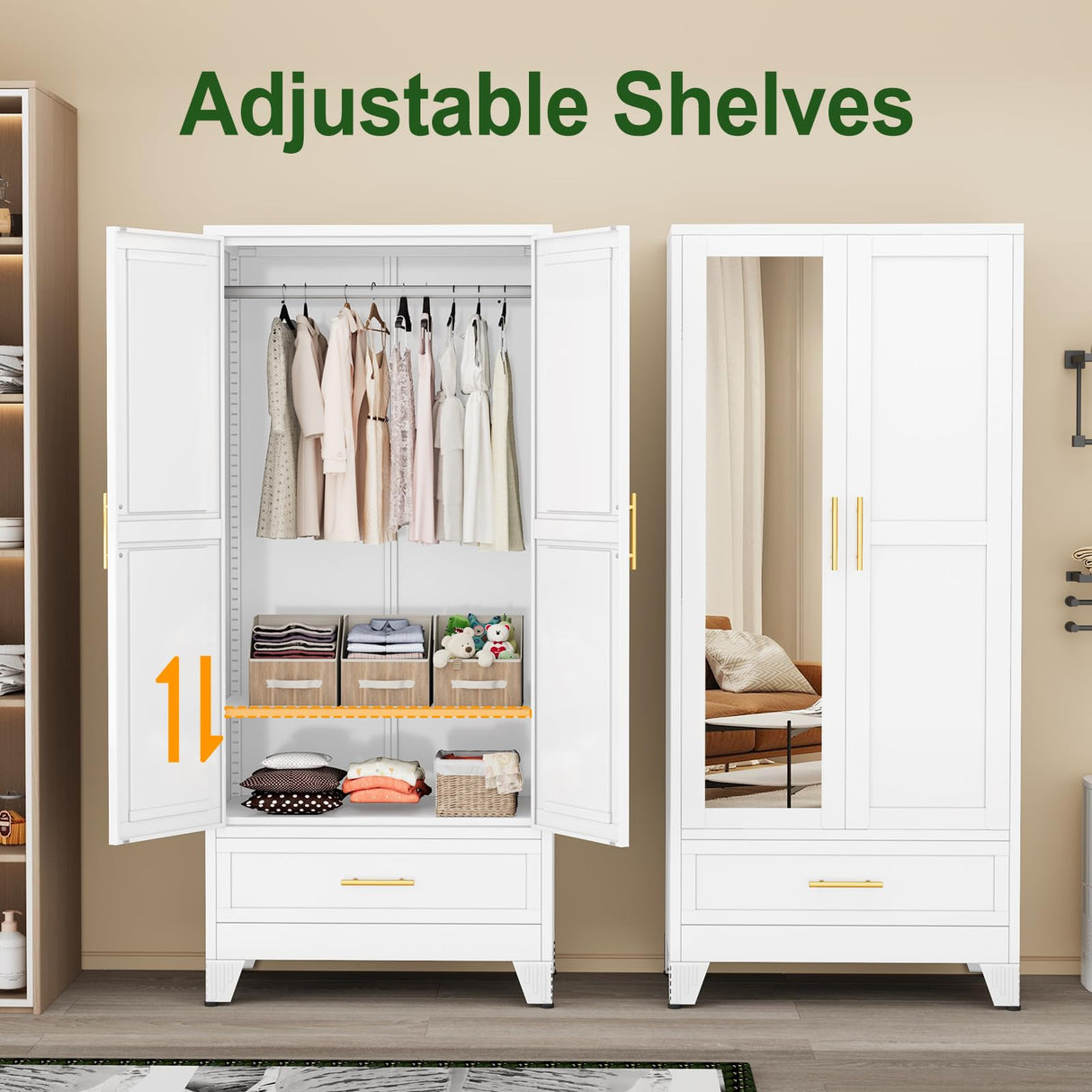 winiowa Metal Armoire Wardrobe Closet with Drawer, 71" Wardrobe Cabinet with Adjustable Shelves and Hanging Rod, Clothing Storage Cabinet Closet with Mirror for Bedroom-White winiowa