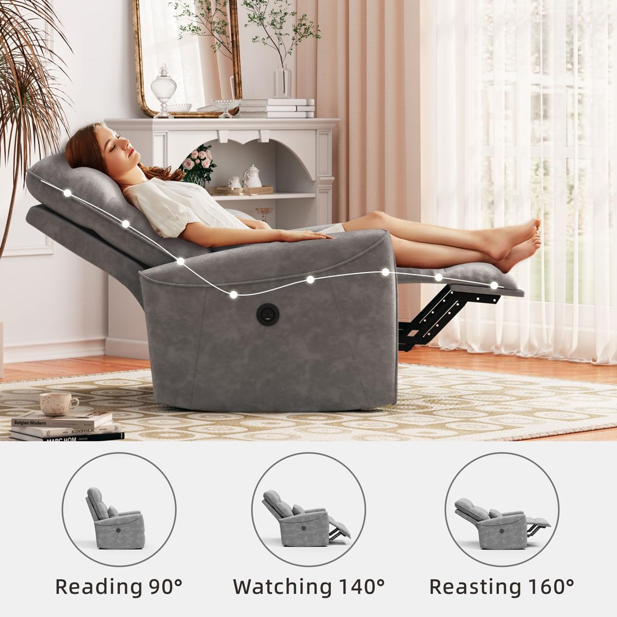 MECHYIN Power Recliner Chair for Adults, Reclining Sofa Chair, Adjustable Home Theater Seating Lounge with Lumbar Support, Small Recliners for Living Room with Charging Ports (Lividity) MECHYIN