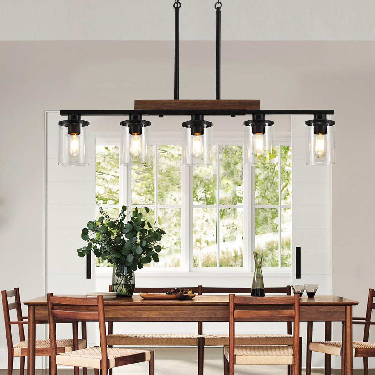 Kitchen Island Lighting,5-Light Dining Room Light Fixture/Chandelier Over Table,Black Modern Rustic Wood Ceiling Pendant Light Fixtures, with Clear Glass Shade,Farmhouse Chandelier (Black, 5-Light) CmnVmn