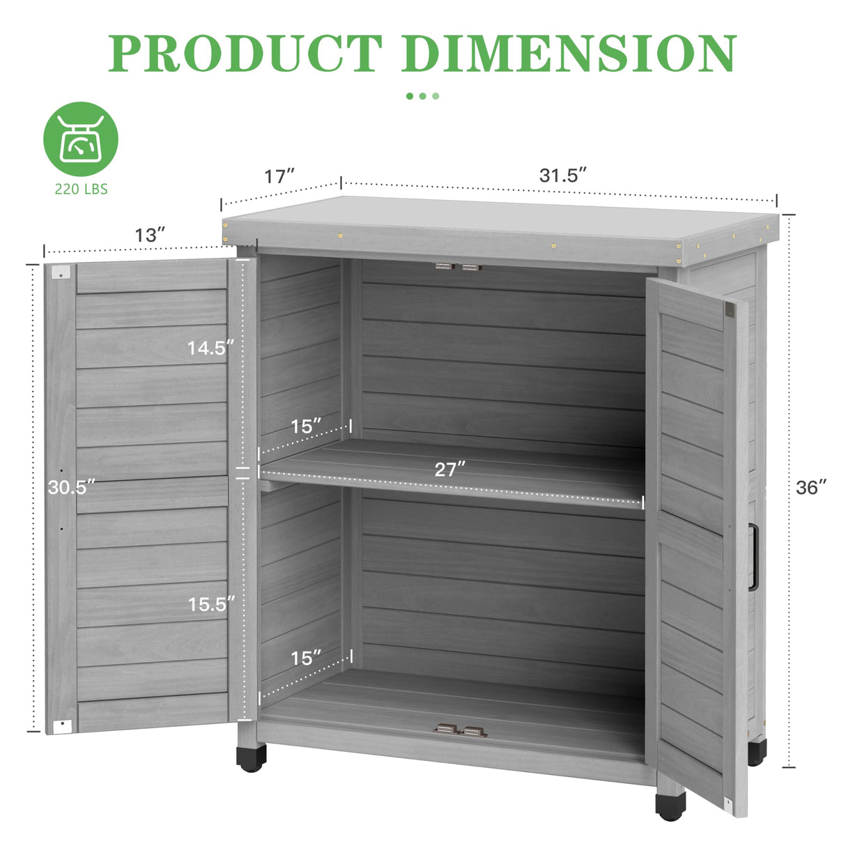 Outdoor Potting Bench with Storage Cabinet and Metal Top, Wood Workstation for Outdoor Patio, Garden (Classic Grey, 31x17x36‘’) Wood-Natrl