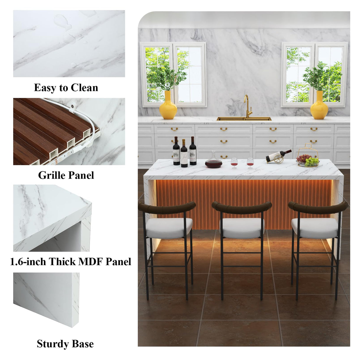 71" Large Imitation Marble Dining Table for 6-8 People, Island Table with LED Lights, Mordern Marble Stripes Kitchen Dining Table with Grille design for Dining Room, Home, Office, Living Room(white) Gyfimoie