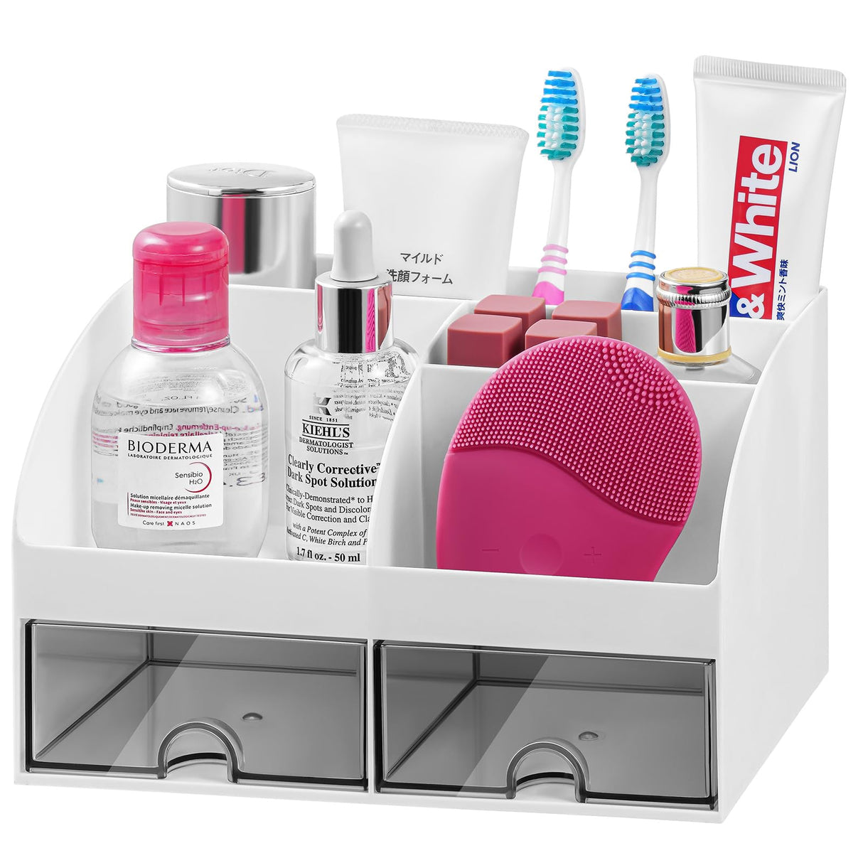 VITVITI Toothbrush Holders for Bathrooms Countertop, 5 Slots Toothpaste Bathroom Counter Sink Organizer with Drawers, Plastic Bathroom Organizer for Vanity/Makeup/Office White VITVITI