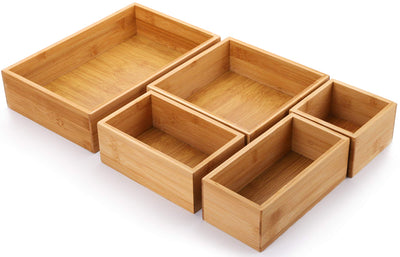 Lawei Set of 5 Bamboo Drawer Organizer Boxes, Desk Storage Box Kit, Drawer Storage Containers Tray Bins for Office, Kitchen, Bedroom, Children Room, Craft, Sewing