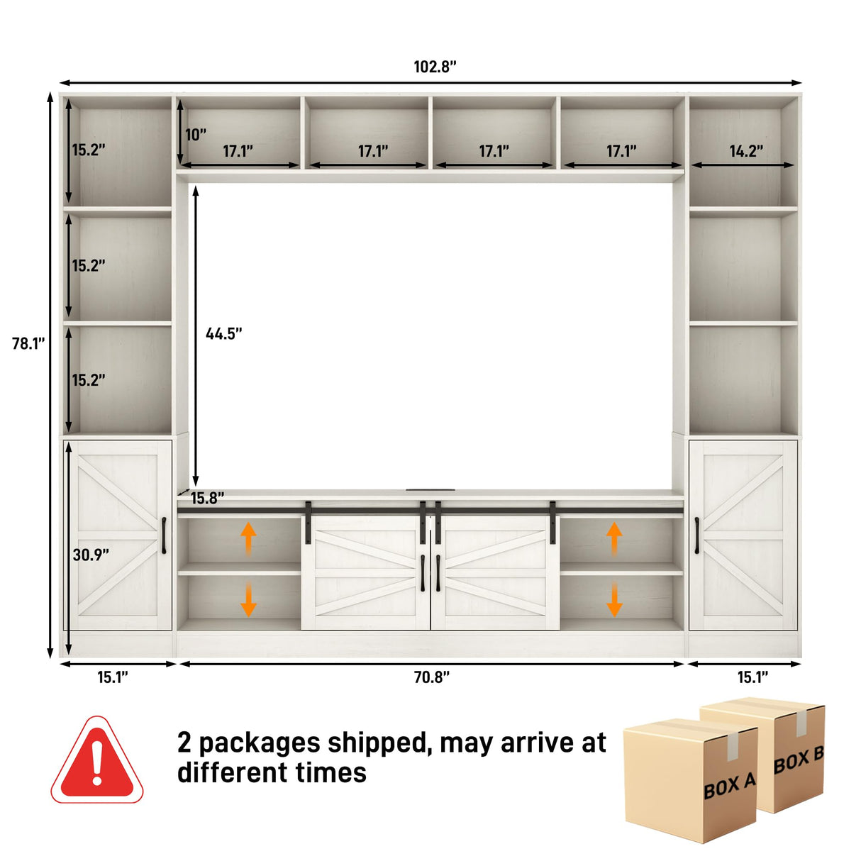 chartustriable 103" Wall Unit TV Stand with Storage for TVs up to 80" Large Farmhouse Wall Unit Entertainment Center w/Sliding Barn Door Cabinets and Power Outlet for Living Room, White chartustriable