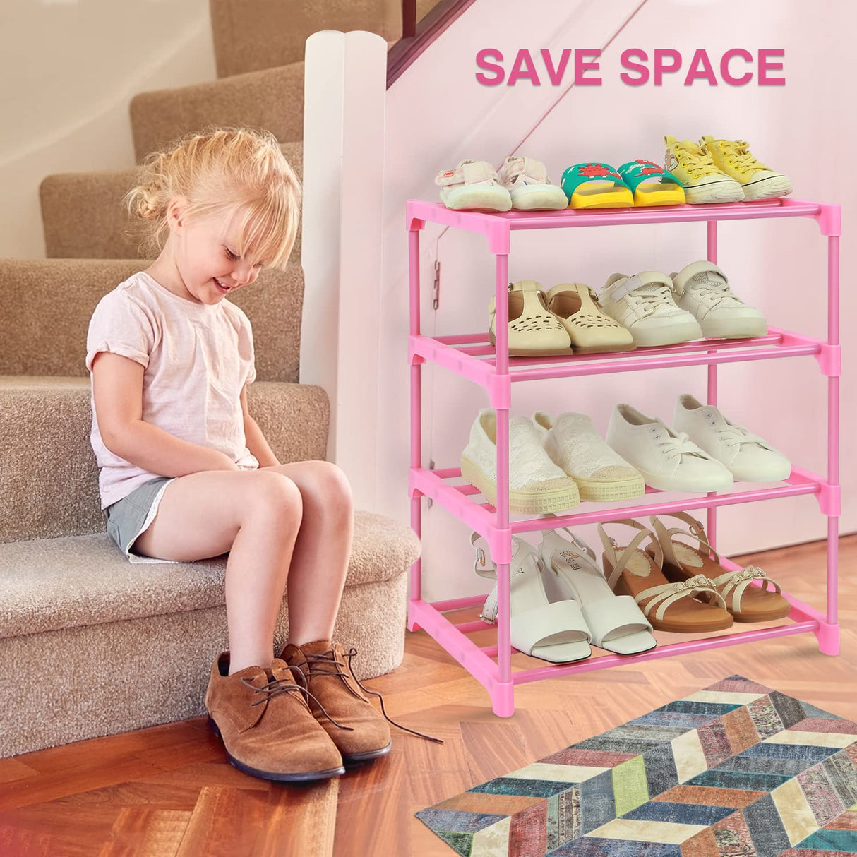 HITHIM 4-Tier Free Standing Shoe Racks for 6-8 Pairs Shoe Storage,Kids Shoe Racks for Small Place,Lightweight Stackable Shoe Shelf Organizer for Entryway, Doorway and Closet,Pink HITHIM