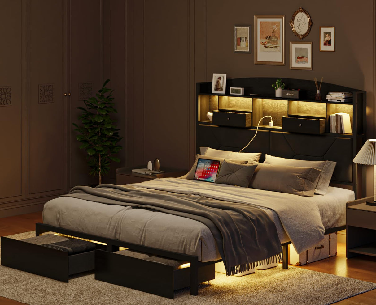 DOGIBIXO Queen Size Black Bed Frame with 4 Storage, Upholstered Velvet Platform Bed Frames with Button Tufted Headboard Led Lights, Wooden Slats Support, No Box Spring Needed, Black DOGIBIXO