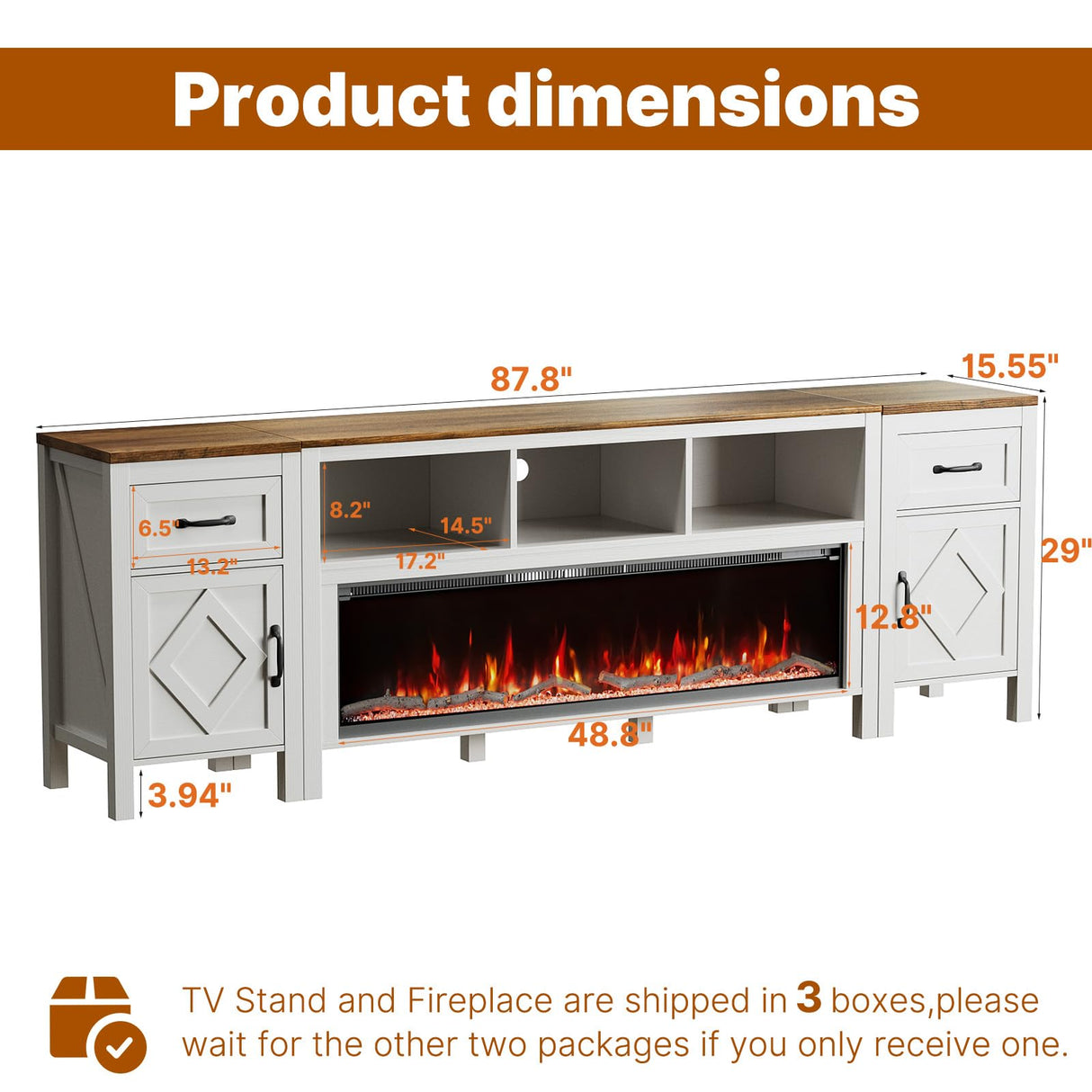 BVIUNTWO 88 Inch Fireplace TV Stand for TVs Up to 95 Inch,Farmhouse Entertainment Center with 50" Electric Fireplace,White TV Console with Storage Cabinets and Drawers for Living Room BVIUNTWO