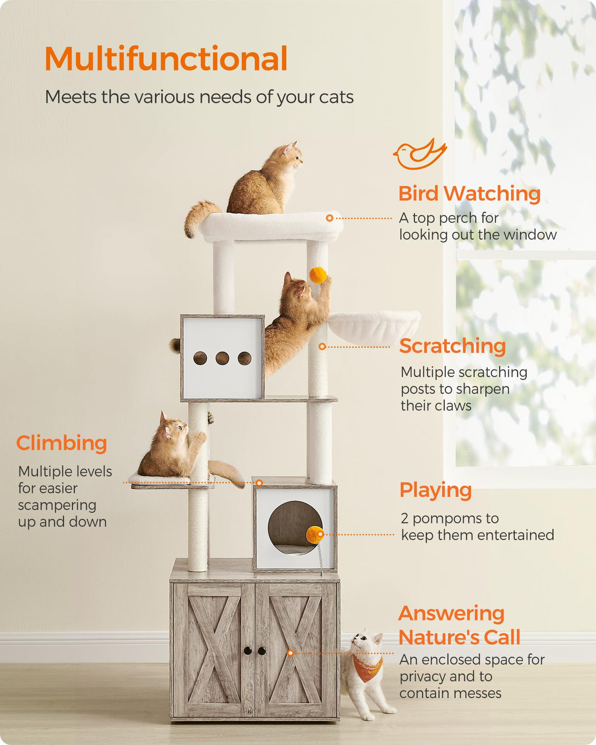 Feandrea Cat Tree with Litter Box Enclosure, 2-in-1 Modern Cat Tower, 72.8-Inch Tall Cat Condo with Scratching Posts, Perch, Caves, Basket, Washable Cushions, Heather Greige UPCT116G01 Feandrea