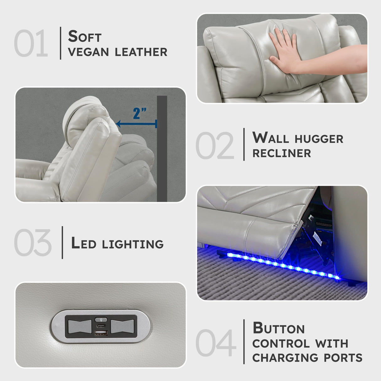 Lexicon Power Recliner Chair, Faux Leather Upholstered Home Theater Seating with LED Lighting, USB Charging Ports, Single Wall Hugger Reclining Chair for Living Room/Bedroom Easy Assembly, Gray Lexicon