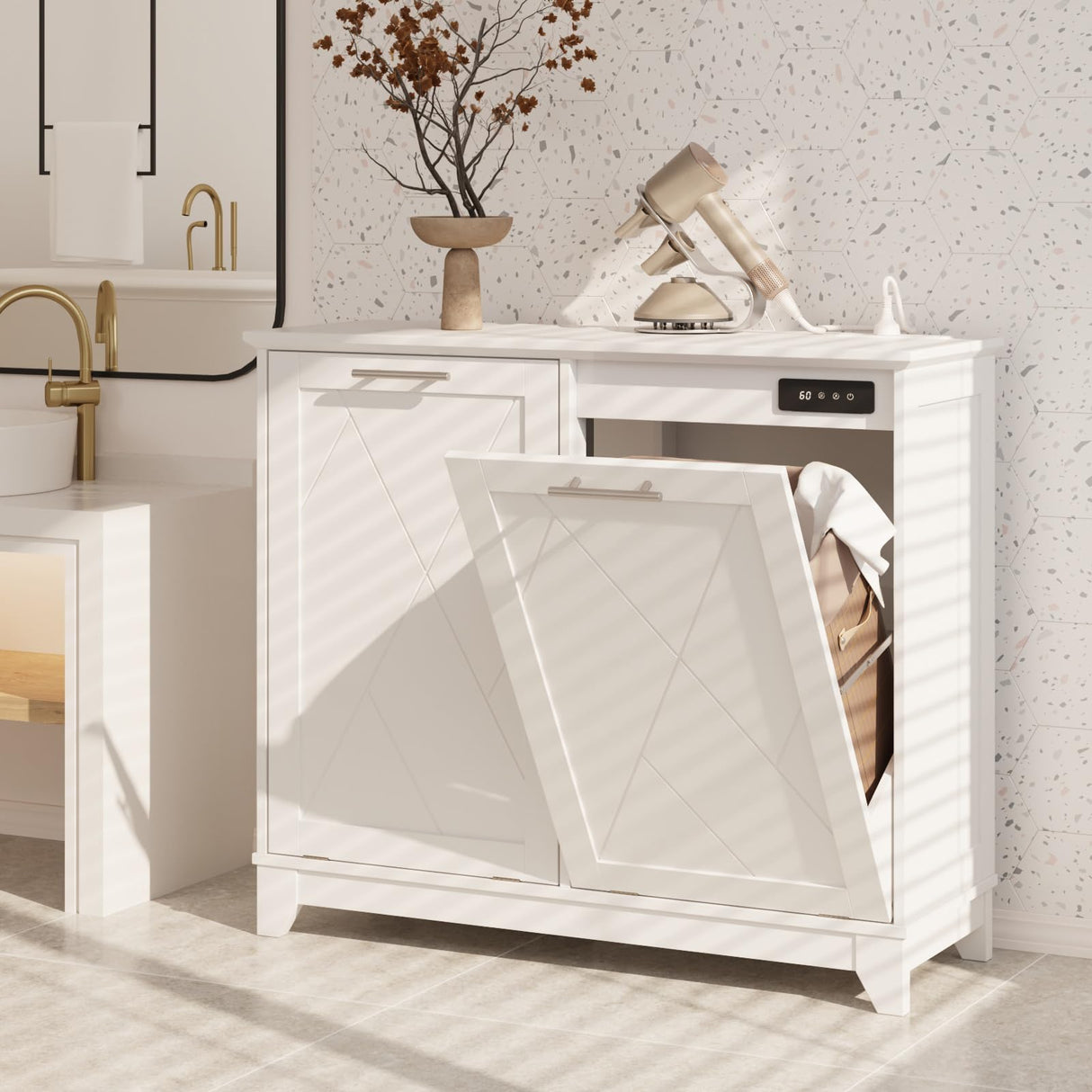 FiveWillowise Tilt Out Trash Cabinet, Kitchen Trash Can Cabinet w/Negative ion and deodorizing Function, Dog Proof 20 Gallon Garbage Can Cabinet for Kitchen, Bathroom, Living Room, White FiveWillowise