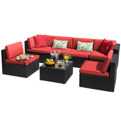 Devoko 7 Pieces Outdoor Sectional Sofa Patio Furniture Sets Manual Weaving Wicker Rattan Patio Conversation Sets with Cushion and Glass Table (Red)