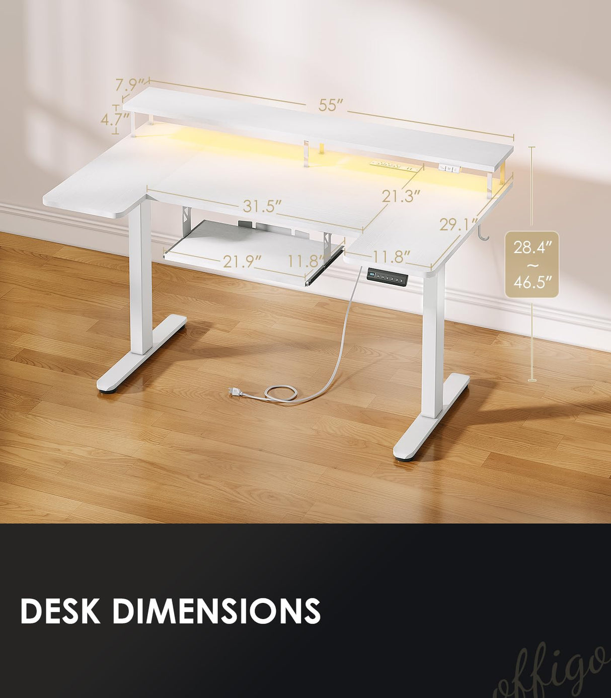 OffiGo U Shaped Electric Standing Desk with Keyboard Tray, 55 Inch Height Adjustable Desk with Power Outlets & LED Lights, Sit Stand Table with Monitor Stand for Home, Office, White OffiGo
