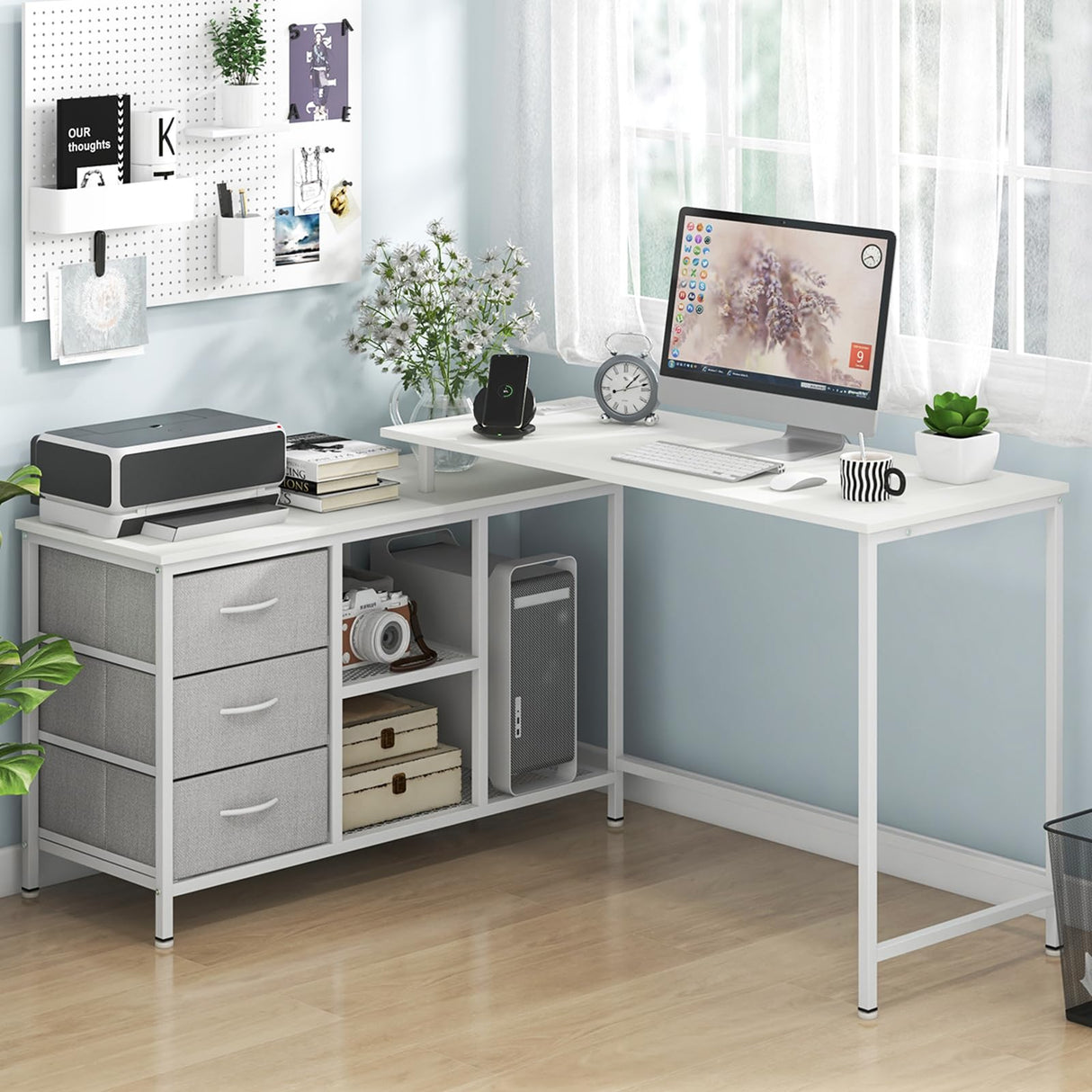 Tangkula 81 Inch L-Shaped Desk with Power Outlet, Convertible Corner Desk with Drawers & Shelves, Office Desk for Working, Studying, Gaming (White) Tangkula