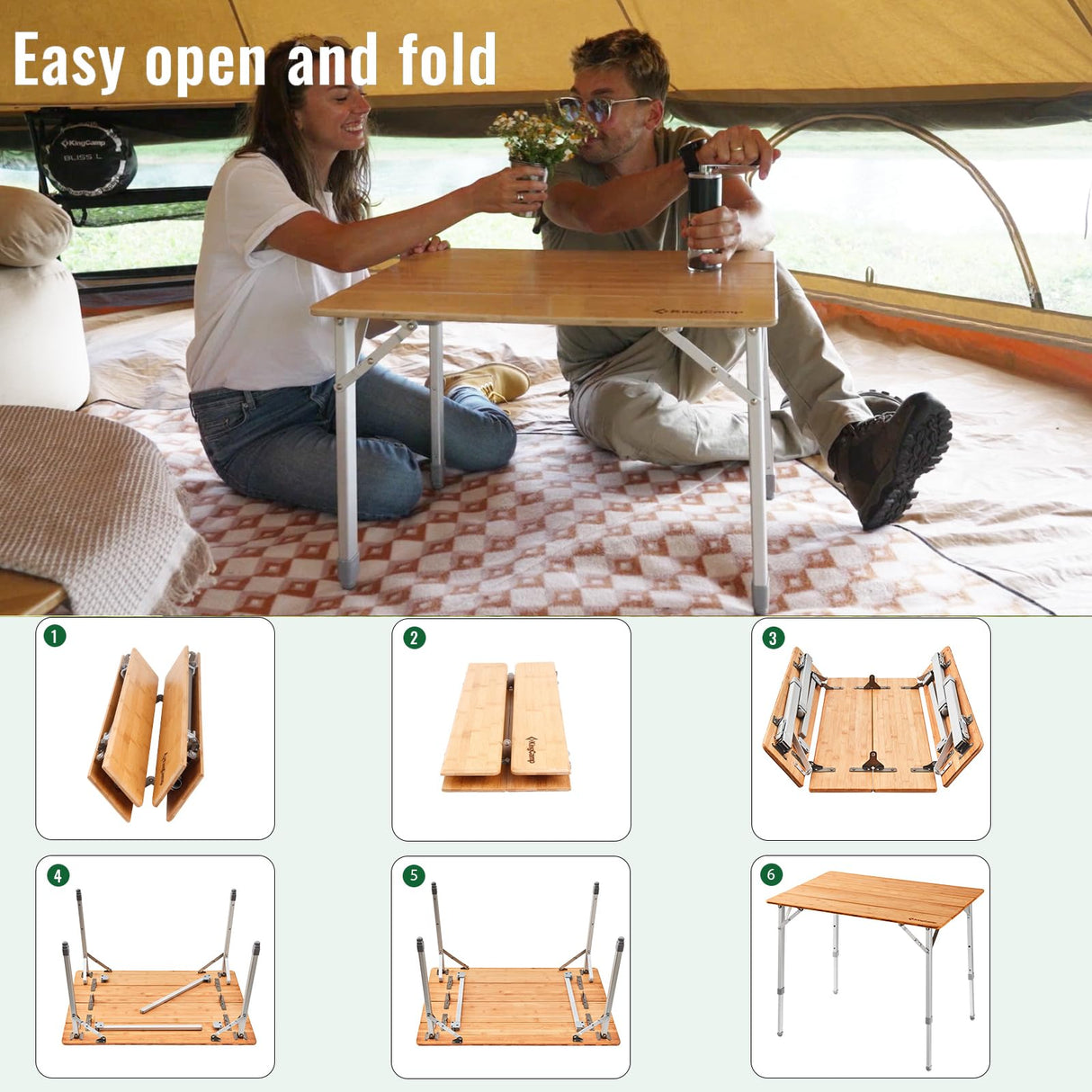 KingCamp Bamboo Folding Camping Table 4 Folds Lightweight with Adjustable Height Aluminum Legs Portable Camp Tables in Carry Bag for Indoor Outdoor Picnic Beach KingCamp