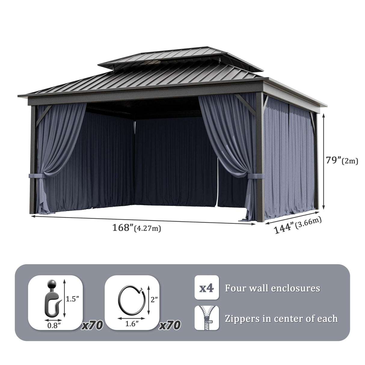 12'x14' Gazebo Curtains Outdoor Waterproof with Hanging Rings, 4-Panel Double Zipper Sidewalls Universal Replacement Privacy Curtain, Outdoor Gazebo Curtains for Patio, Backyard(Curtains Only) Snubbull