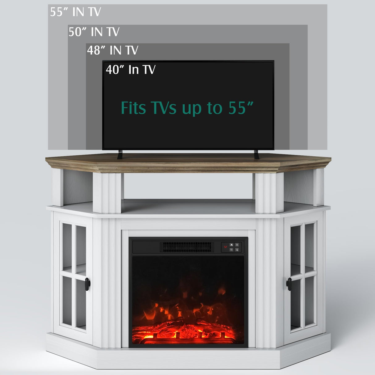 YESHOMY Corner Fireplace TV Stand for Television up to 55" with Storage Cabinets, Entertainment Center, Media Console for Living Room, Bedroom, White&Rustic YESHOMY