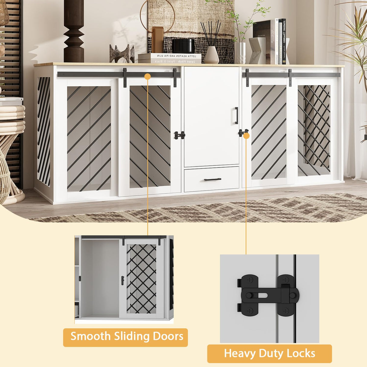 DAWNSPACES Furniture Dog Crate,81.5" Heavy Duty Wooden Dog Cage Kennel with a Storage Drawer, Shelves,Sliding Doors,Indoor Furniture Style Dog Crate Table,Dog House for Medium Dogs,White DAWNSPACES