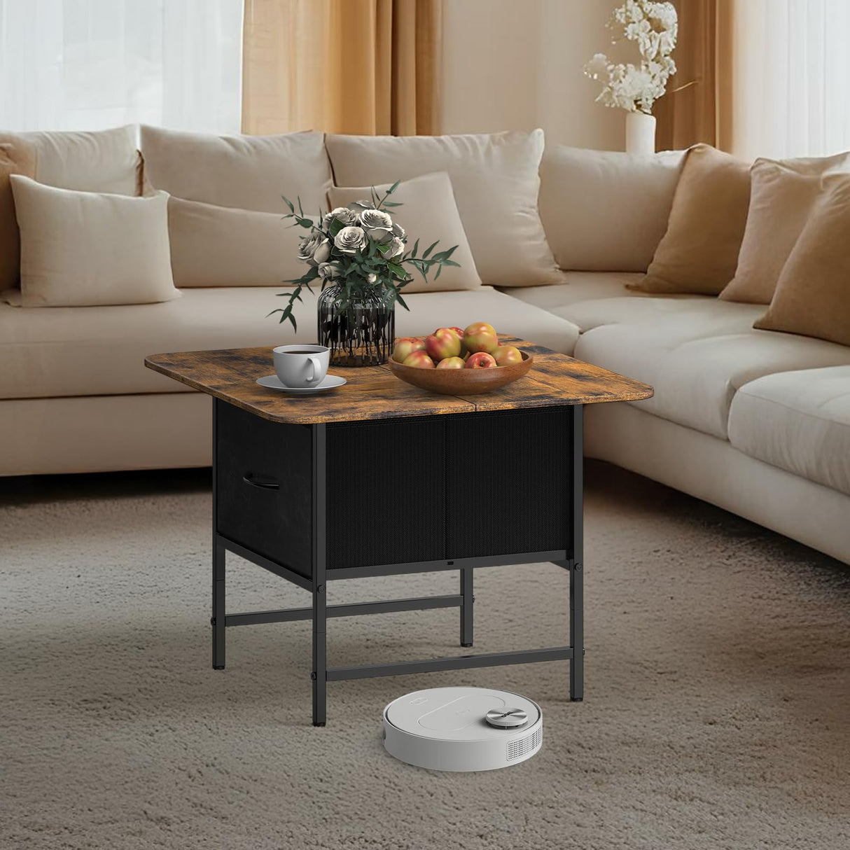 Shinoske Square Coffee Table with Storage Drawer,Small Coffee Tables for Living Room,2-Tier Farmhouse Center Table with Round Corners for Small Space,Small Apartment,Office,Rustic Brown Shinoske