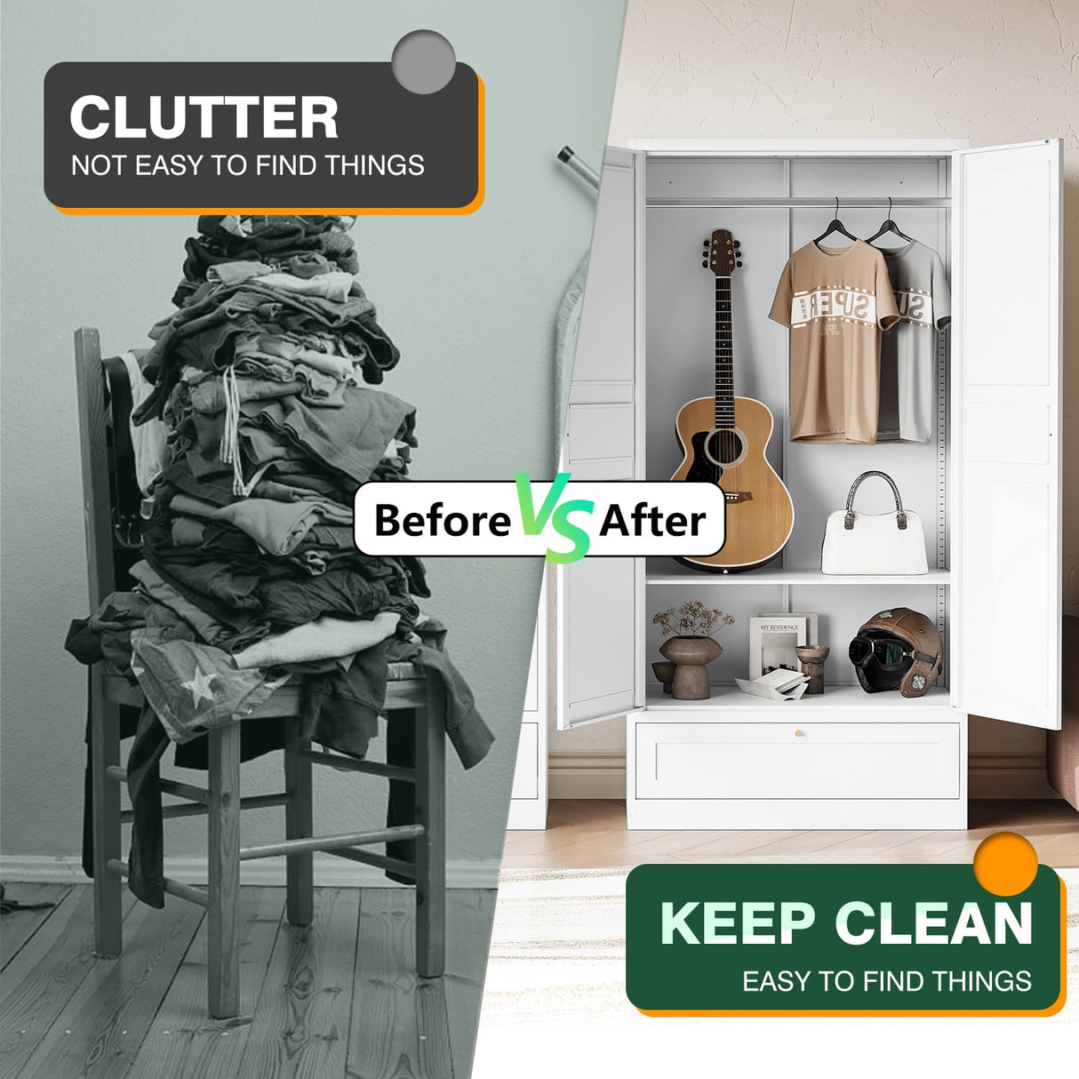 Letaya Wardrobe Closet,72" H Clothing Metal Storage Cabinet with Storage Drawer Adjustable Shelves and Hanging Rod,Bedroom Armoire Cabinet Clothes Organizer (White) Letaya